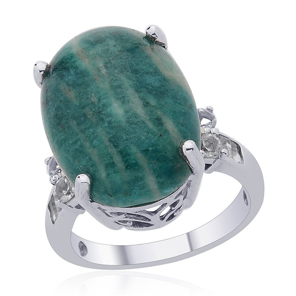 Amazonite (Ovl 11.75 Ct), White Topaz Ring in Platinum Overlay Sterling Silver 12.500 Ct. Silver wt.