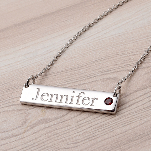 Personalised Engraved Name and Birthstone Necklace with Chain in Silver