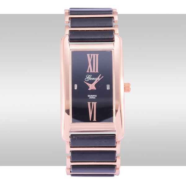 Diamond studded GENOA Black Ceramic Japanese Movement Black Dial Water Resistant Watch in Rose Gold Tone with Stainless Steel Back