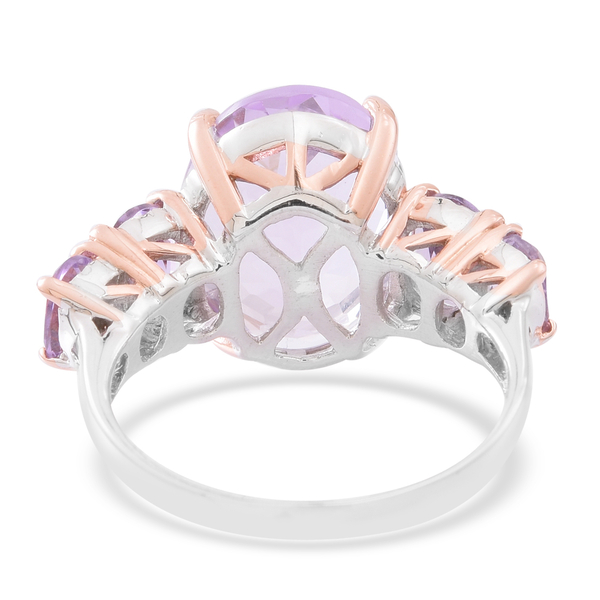 Rose De France Amethyst (Ovl 8.45 Ct) 5 Stone Ring in Rhodium Plated and Rose Gold Overlay Sterling Silver 10.750 Ct.