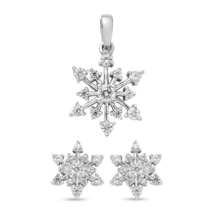 2 Piece Set Natural Cambodian Zircon Snowflake Pendant and Earrings in Platinum Plated Silver