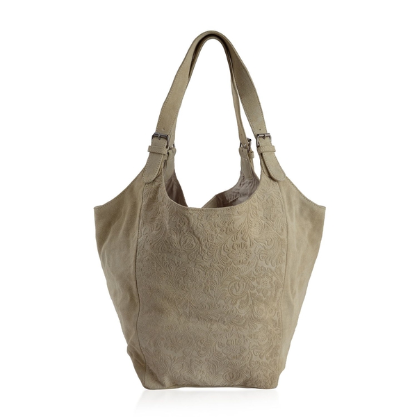 Genuine Leather Flowers and Leaves Embossed Beige Colour Tote Bag (Size 47x33 Cm)