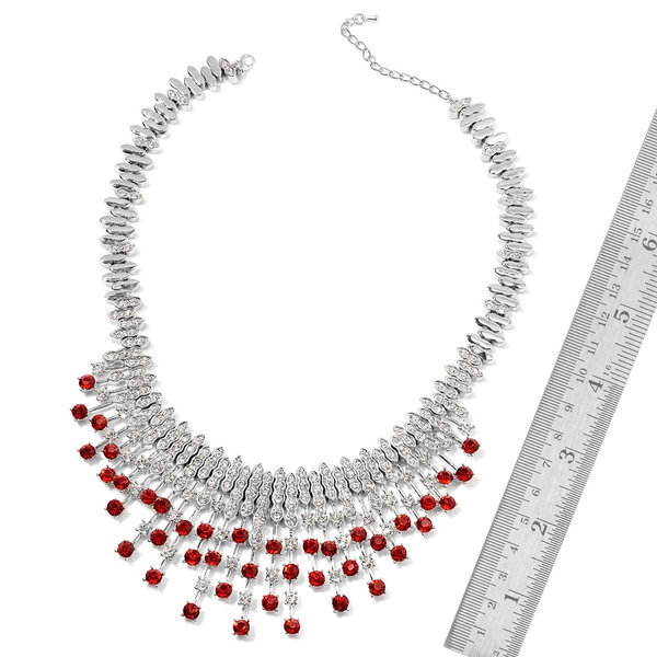 White and Red Austrian Crystal Waterfall Necklace (Size 18) in Silver Tone