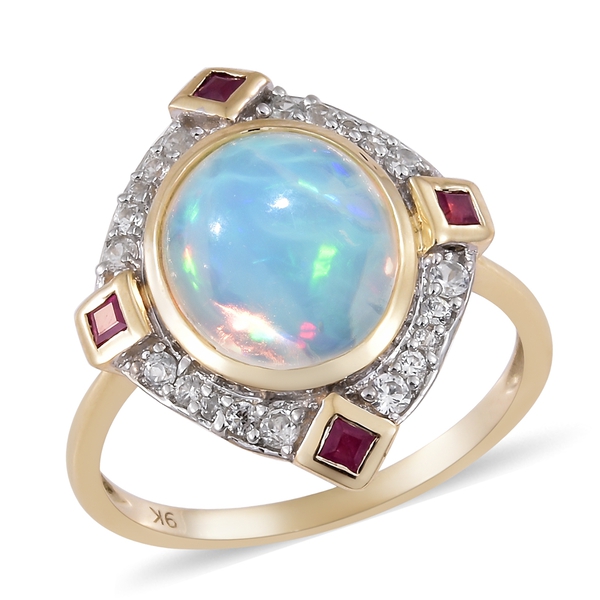 9K Yellow Gold AAA Very Rare Size Ethiopian Welo Opal (Ovl 12x10mm), Ruby and Natural Cambodian Zirc