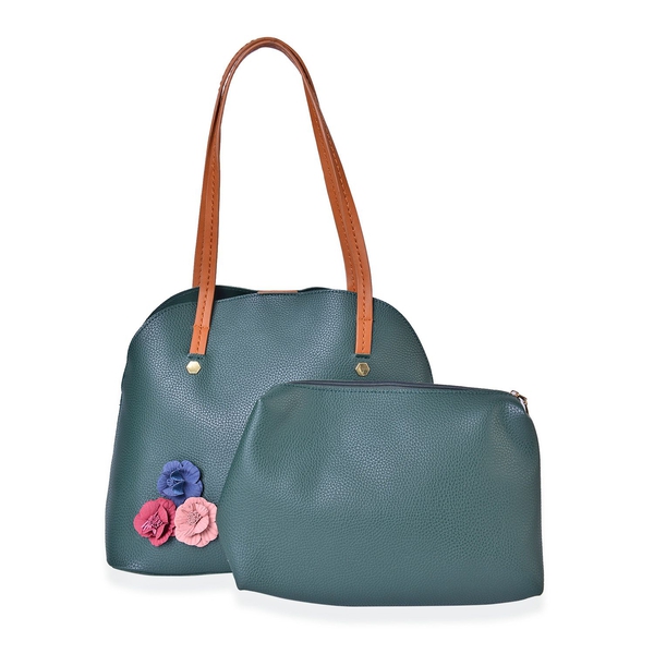 Set of 2 - Multi Colour 3D Flowers Embellished Green Colour Handbag (Size 34X29X15 Cm) and Pouch (Si