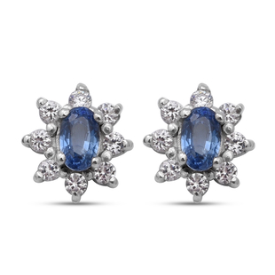 AAA Ceylon Sapphire and Natural Cambodian Zircon Stud Earrings (with Push Back) in Rhodium Overlay S