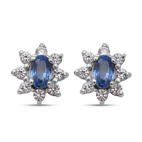 AAA Ceylon Sapphire and Natural Cambodian Zircon Stud Earrings (with Push Back) in Rhodium Overlay S