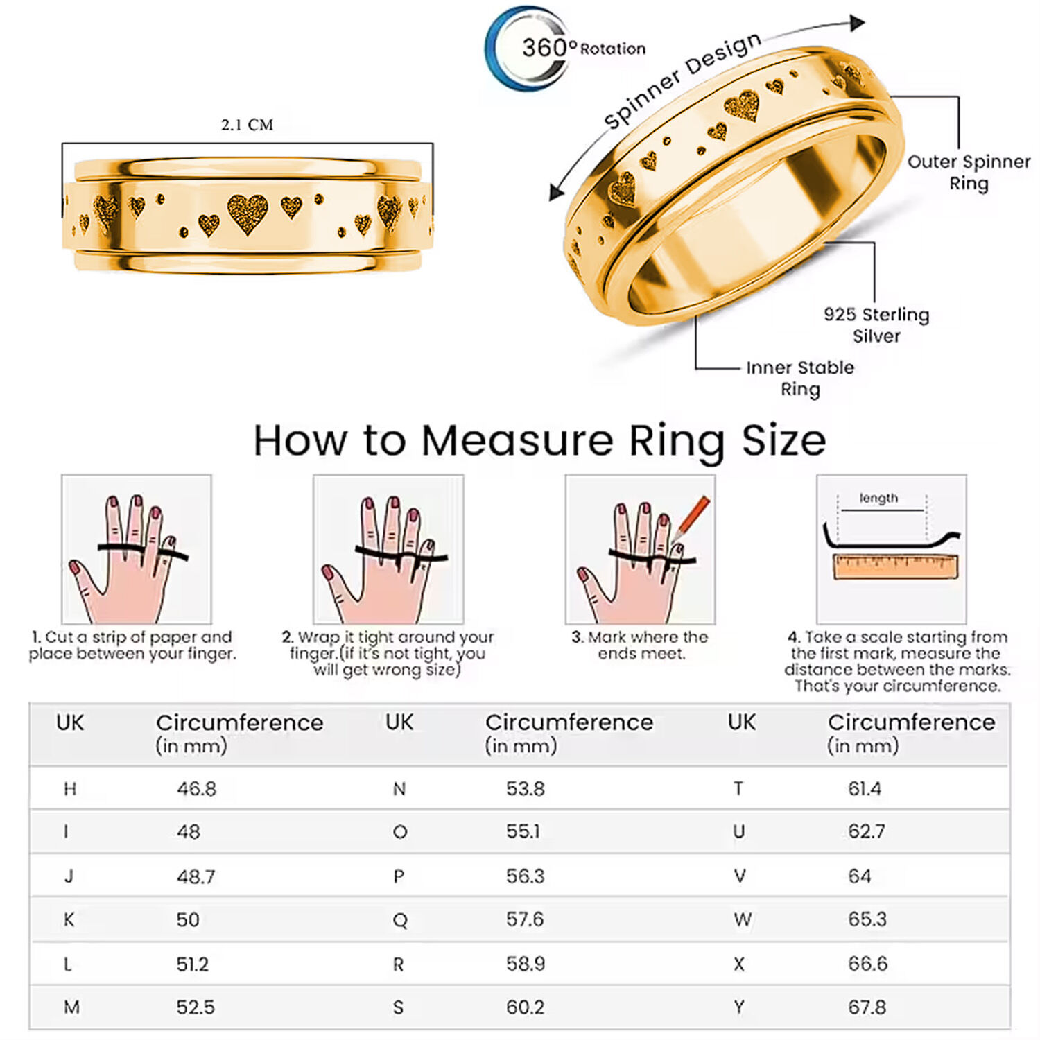 18K Vermeil Yellow Gold Plated Sterling Silver Heart Spinner Ring