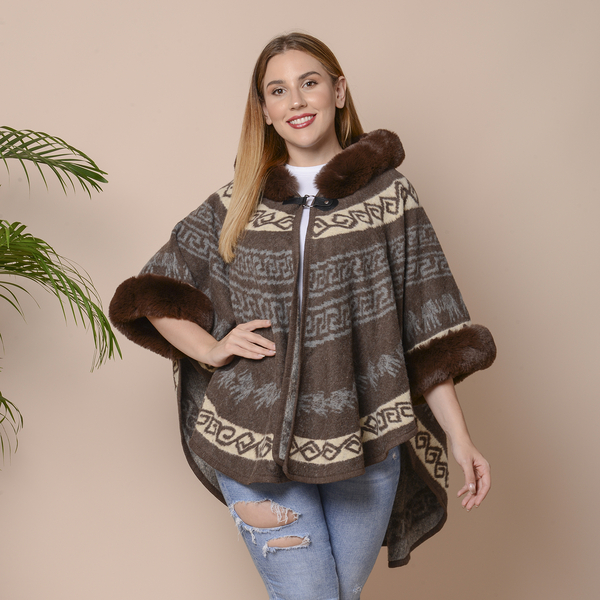 Light Brown Colour Half Round Shape Blanket Wrap with Faux Fur Collar (Size 109.22 x 80.01cm)