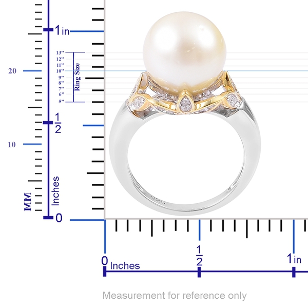 South Sea White Pearl (Rnd 12.5-13mm), Natural White Cambodian Zircon Ring in Platinum and Yellow Gold Overlay Sterling Silver