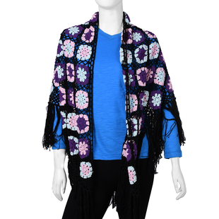 Limited Collection La Marey 100% Cotton Hand Crochet Black, Purple & Multi Colour Floral Shawl  (86x