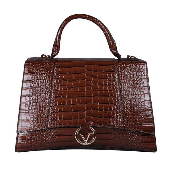 19V69 ITALIA by Alessandro Versace Crocodile Pattern Satchel Bag with Detachable Stap and Metallic Clasp Closure (Size 35x23.5x13cm) - Brown