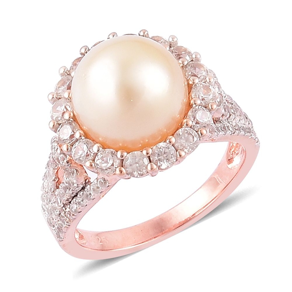 South Sea Golden Pearl and Zircon Halo Ring in Rose Gold Plated Silver 5.13 Grams