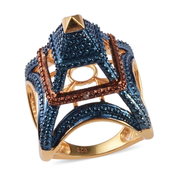 Blue and Champagne Diamond Eiffel Tower Ring in 14K Gold Overlay Sterling Silver, Silver wt. 8.50 Gm