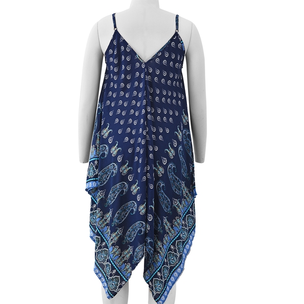 Navy Blue V-Neck Slip Dress with Cashew Flower and Water Droplet Pattern