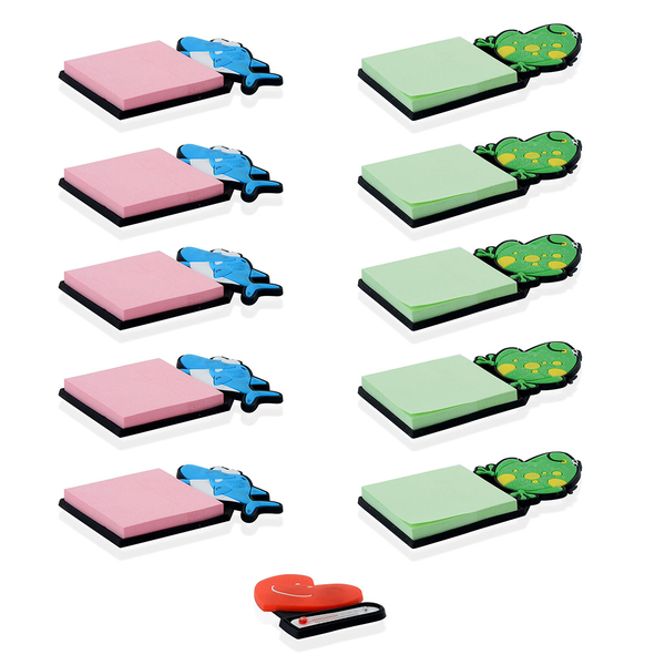 Set of 11 - Blue Dolphin and Green Frog Magnetic Fridge Sticky Notes and Heart Thermometer