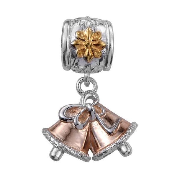 14K Gold, Platinum and Rose Gold Overlay Sterling Silver Christmas Bell Charm, Silver wt 4.35 Gms.