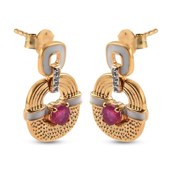 GP Art Deco Collection - African Ruby, Natural Cambodian Zircon and Kanchanaburi Blue Sapphire Earrings (with Push Back) in 14K Gold Overlay Sterling Silver 1.02 Ct.