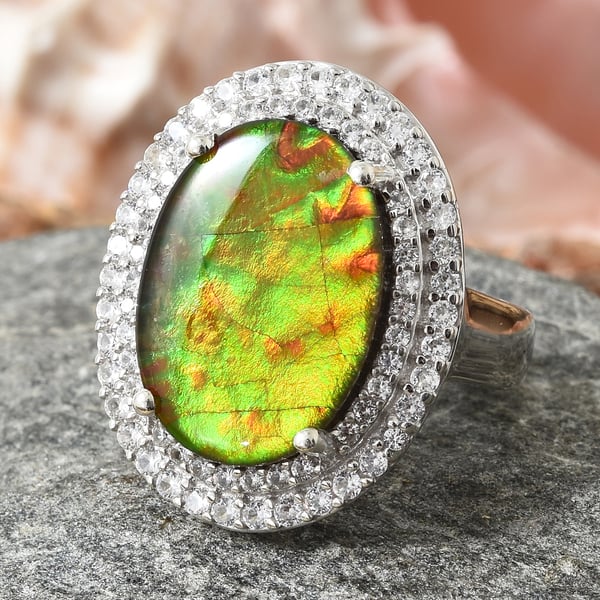 AA Canadian Ammolite (Ovl 18x13 mm), Natural White Cambodian Zircon Ring in Platinum Overlay Sterling Silver.
