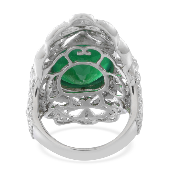 Verde Onyx (Ovl 14.00 Ct), Natural White Cambodian Zircon Ring in Rhodium Plated Sterling Silver 15.000 Ct. Silver wt 13.00 Gms.