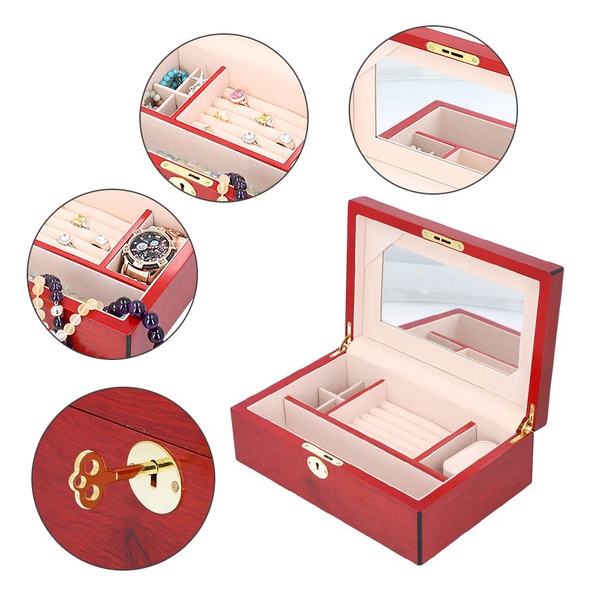 Luxurious Wooden Jewellery Box with Key Lock & Inside Mirror (Size 28x19x10cm) - Dark Brown