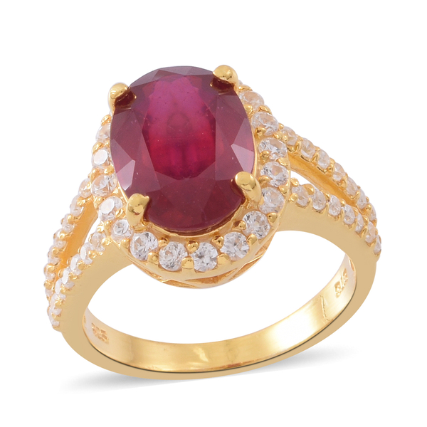 Designer Inspired-African Ruby (Ovl 14x10 mm), Natural White Cambodian Zircon Ring in 14K Gold Overl