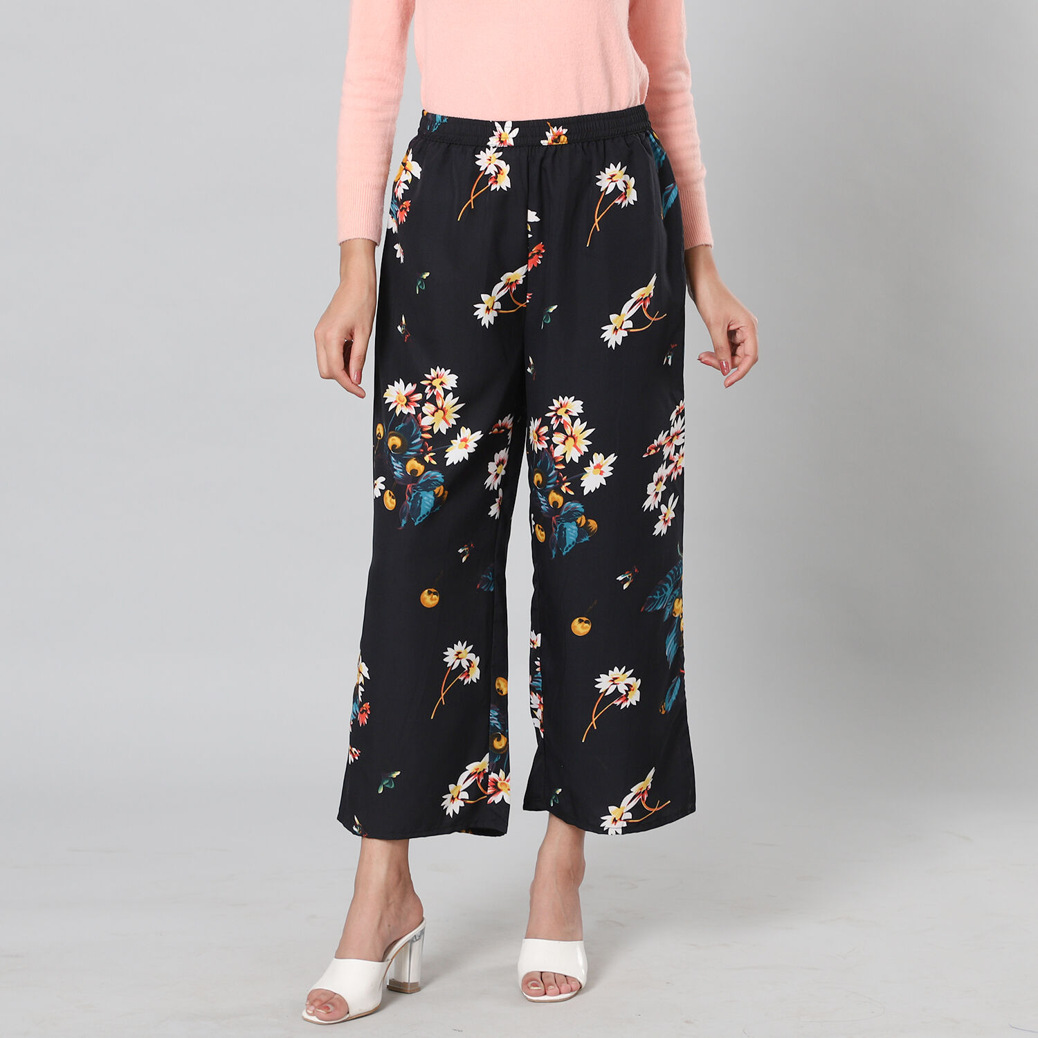 Multi Colour Floral Printed Black Trousers (Size XXL, 22-26)