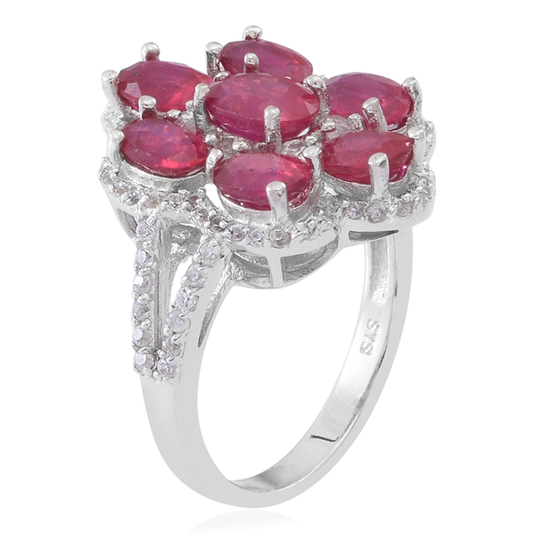 African Ruby (Ovl 1.10 Ct), White Zircon Ring in Rhodium Plated Sterling Silver 6.000 Ct.