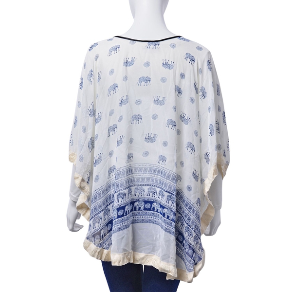Floral and Elephant Pattern White and Blue Colour Poncho (Free Size)