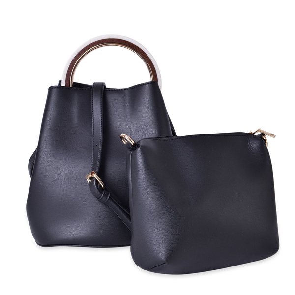 Set of 2 - Black Colour Large Handbag (Size 25X23X19.5 Cm) and Small Handbag (Size 19.5X17X9.5 Cm) w