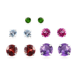 Set of 5 - Amethyst, Mozambique Garnet, Pink Topaz and Multi Gemstones Solitaire Stud Earrings (with