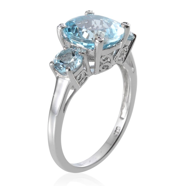 Sky Blue Topaz (Rnd 5.75 Ct), Diamond 3 Stone Ring in Platinum Overlay Sterling Silver 5.770 Ct.