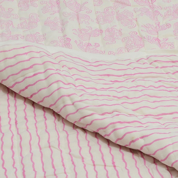 100% Cotton Hand Block Printed Pink Colour Elephant and Stripe Printed White Colour Quillow (Size 220x140 Cm)