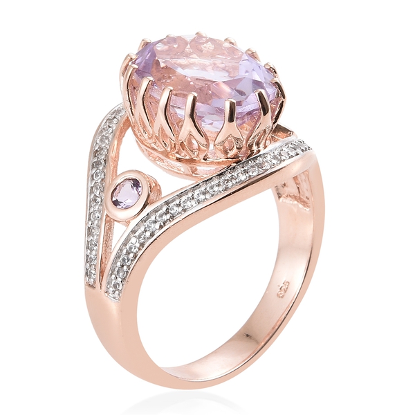 Rose De France Amethyst  (Ovl 5.20 Ct), Natural Cambodian Zircon Ring in Rose Gold Overlay Sterling Silver 5.750 Ct. Silver wt 6.36 Gms.