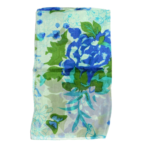 100% Mulberry Silk Mint Blue and Multi Colour Floral, Butterfly and Leaves Pattern Scarf (Size 170x50 Cm)