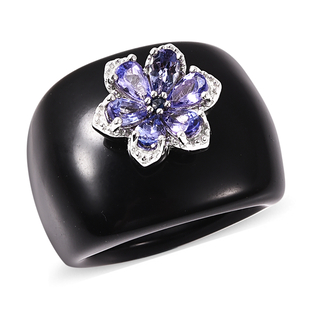 51.80 Ct Black Onyx and Multi Gemstone Floral Ring in Rhodium Plated Sterling Silver