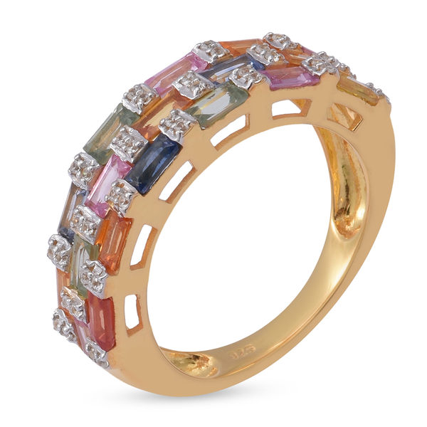 Rainbow Sapphire and Natural Cambodian Zircon Ring in Vermeil Yellow Gold Overlay Sterling Silver 3.06 Ct.