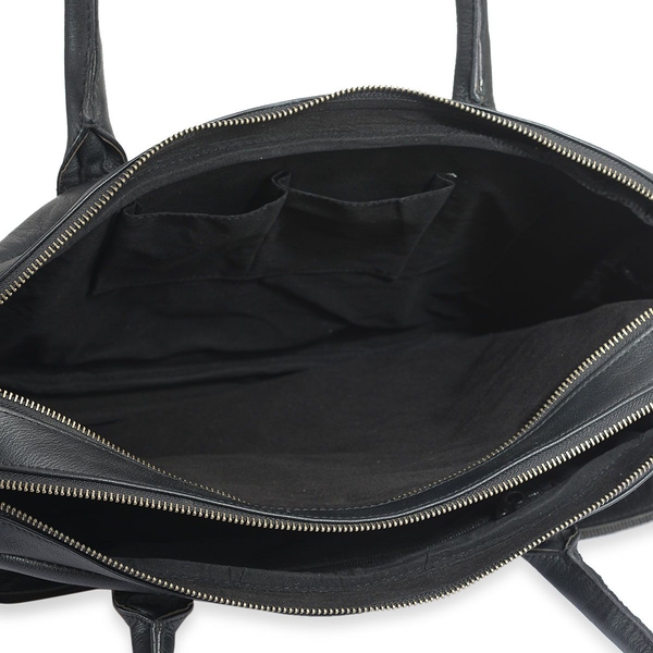 Black Colour Genuine Leather Laptop Bag with Two Compartments and Adjustable and Removable Shoulder Strap (Size 39x30x9 Cm)