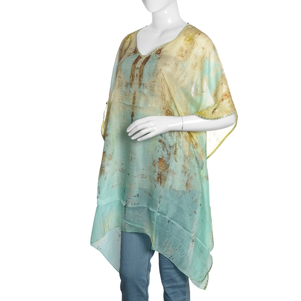 100% Mulberry Silk Turquoise, Yellow and Multi Colour Waterfall Pattern Kaftan (Size 100x90 Cm)
