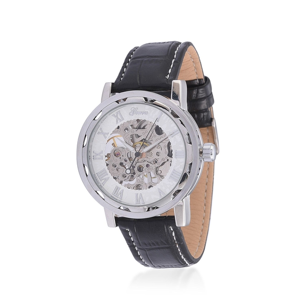 GENOA Automatic Skeleton White Dial Water Resistant Watch in ION Plated Silver with Stainless Steel 