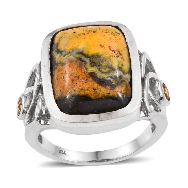 Bumble Bee Jasper (Cush 16.10 Ct), Yellow Sapphire Ring in Platinum Overlay Sterling Silver 16.500 C