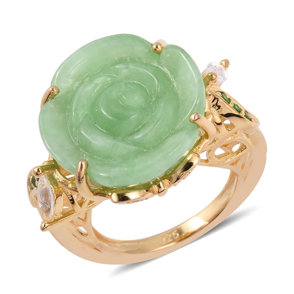 22.65 Ct Green Jade and Multi Gemstone Floral Ring in Gold Plated Silver 8.50 Grams