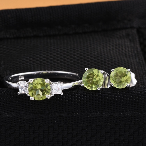 Hebei Peridot (Rnd), Simulated Diamond Solitaire Ring and Stud Earrings (with Push Back) in Platinum Overlay Sterling Silver 2.500 Ct.