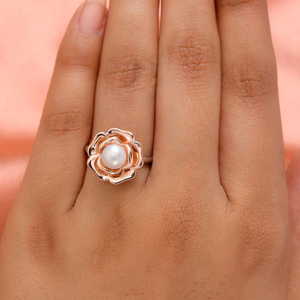 Freshwater Pearl Floral Ring in Platinum and Rose Gold Overlay Sterling Silver