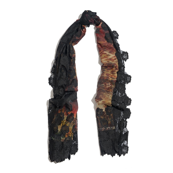 Hand Knitted - (50% Mulberry Silk and 50% Merino Wool) Black and Multi Colour Leopard and Floral Pattern Scarf with Floral Lace Border (Size 170x75 Cm)