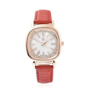 STRADA Japanese Movement White Dial Crystal Studded Water Resistant Watch with Red Colour Colour Strap