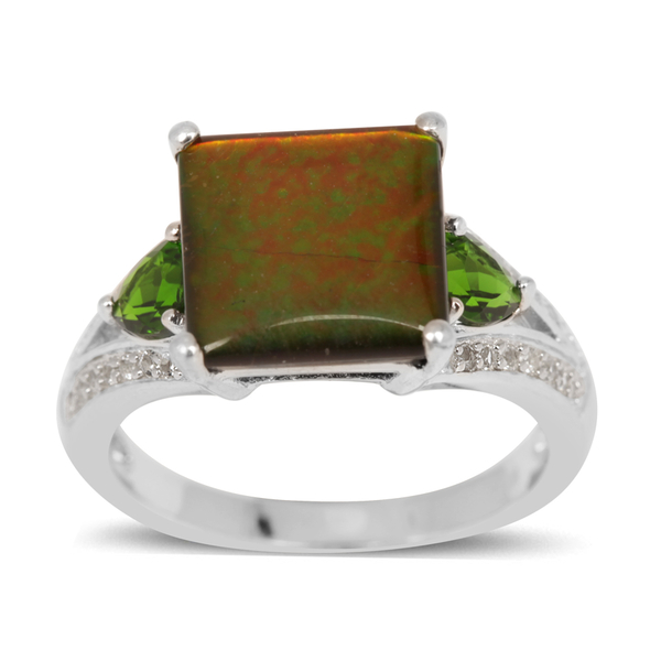 Canadian Ammolite (Sqr 3.25 Ct), Chrome Diopside and White Topaz Ring in Platinum Overlay Sterling S