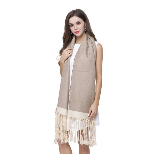 One Time Close Out Deal- Khaki and White Colour Scarf with Tassels (Size 190X70 Cm)