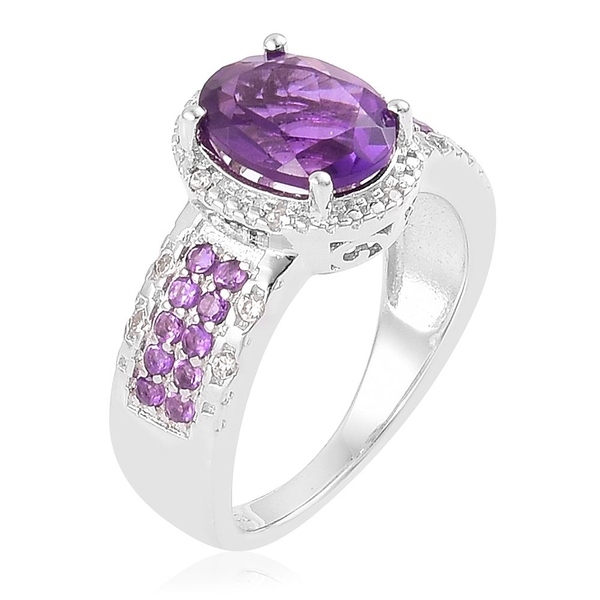 Amethyst (Ovl 2.50 Ct), Natural White Cambodian Zircon Ring in Platinum Overlay Sterling Silver 2.870 Ct.