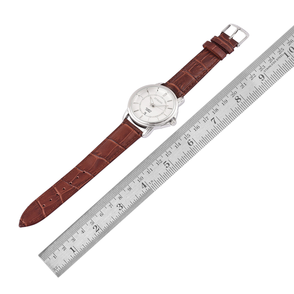 STRADA Japanese Movement White Dial Watch in Silver Tone with Stainless Steel Back and Chocolate Colour Genuine Leather Strap